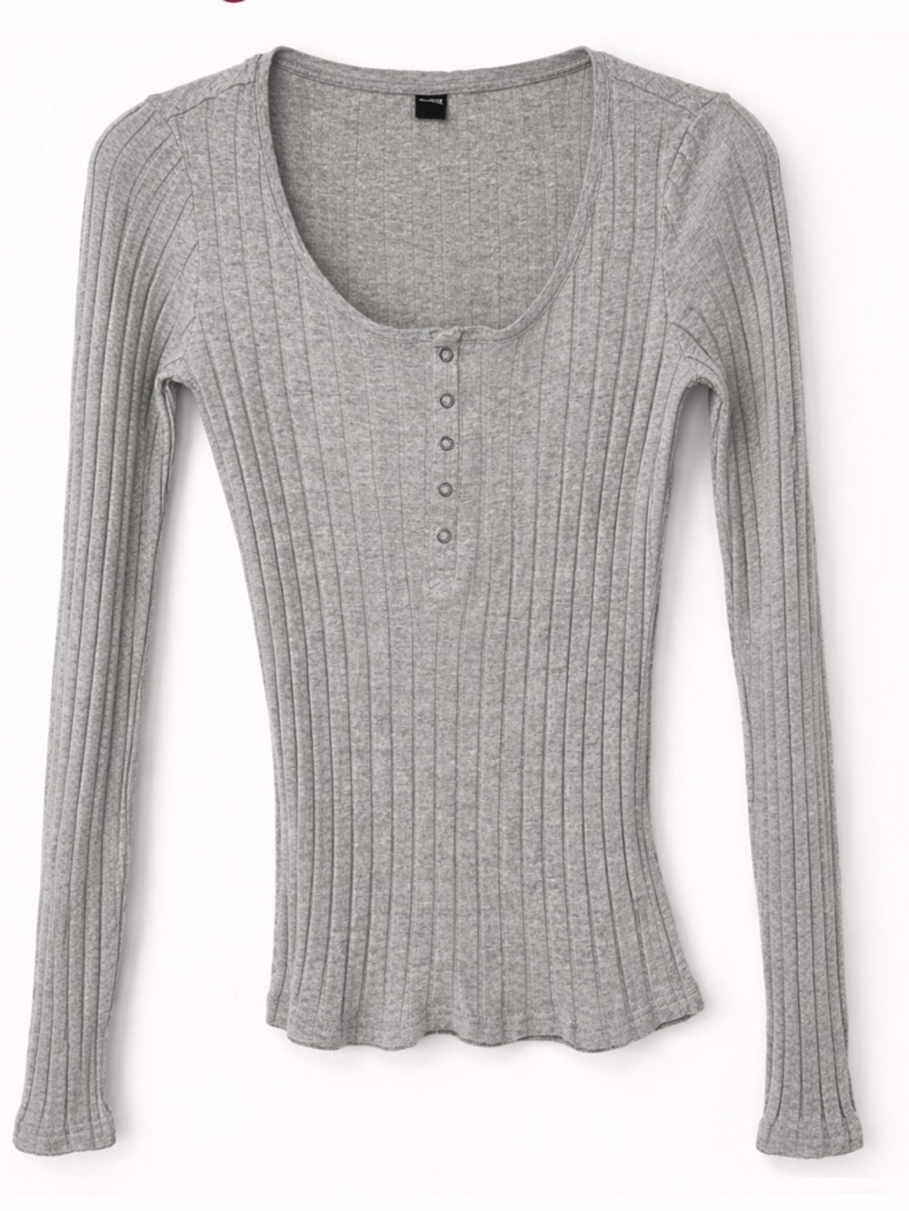 Gray Ribbed Henley Long Sleeve Top Fitted Basic